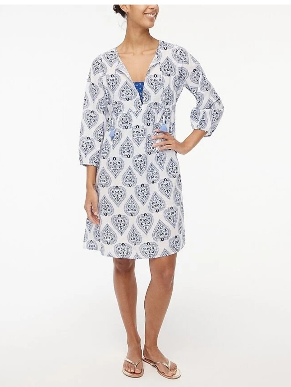 J Crew Factory Long Sleeve Tunic Cover Up Dress Size XS Paisley Cotton